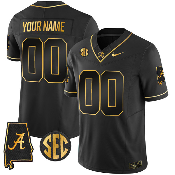 Alabama Crimson Tide Football “Alabama Map” Stitched Custom Jersey – Black Gold