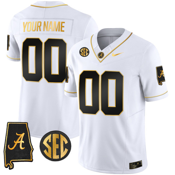 Alabama Crimson Tide Football “Alabama Map” Stitched Custom Jersey – White Gold